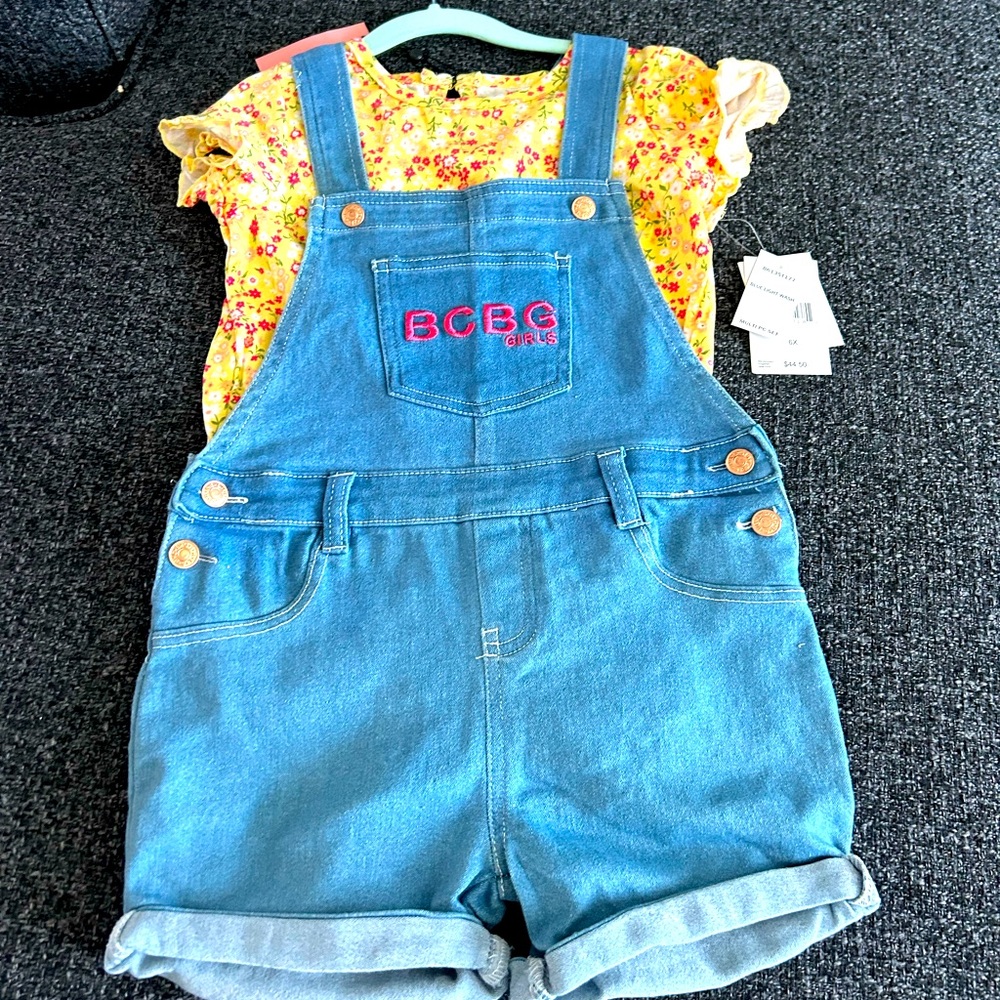 NWT BCBG GIRLS 2 Piece Overalls Shorts and Shirt Set